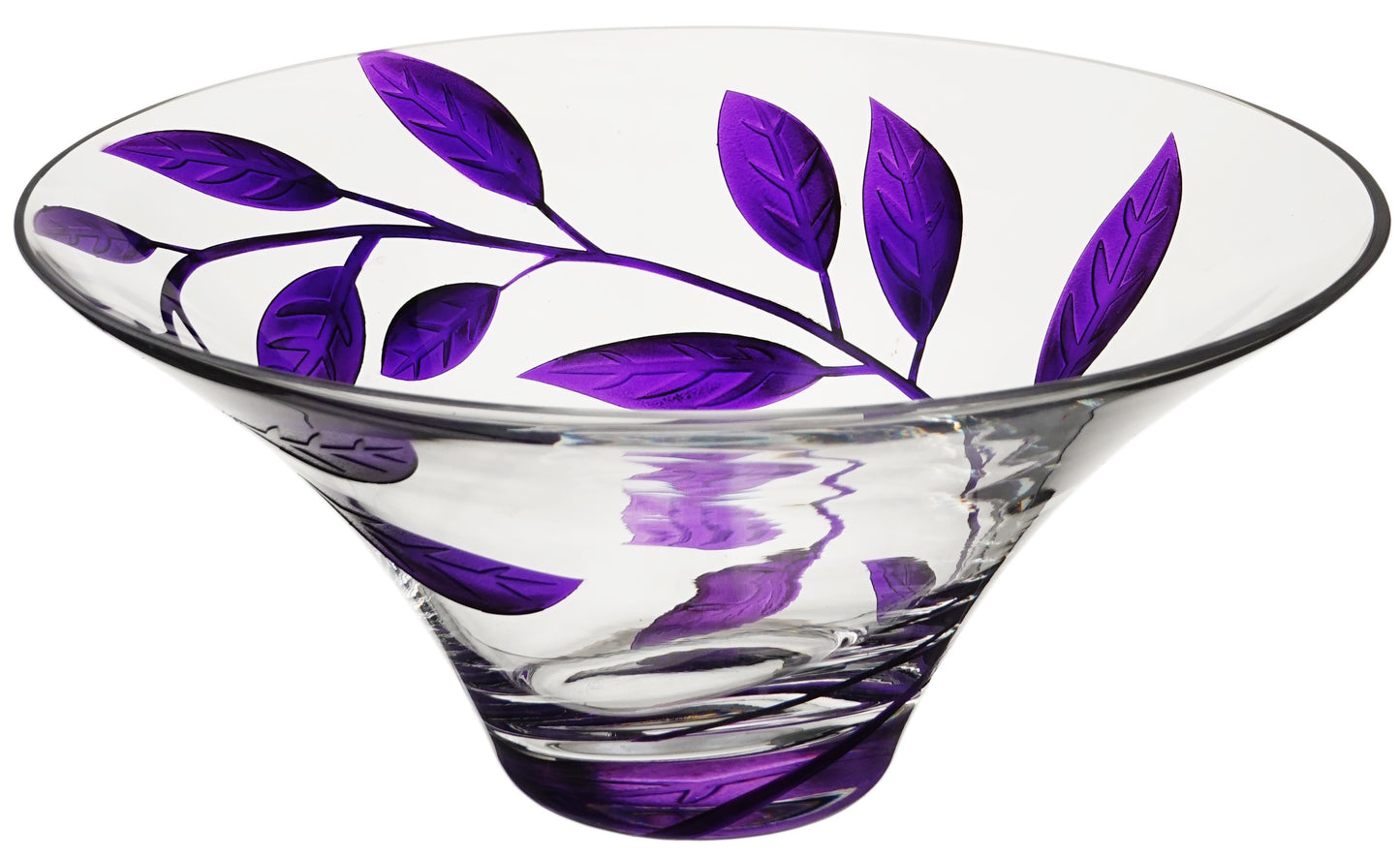 Decorative Glass Bowl Fruit Display - Etched & Hand Painted Purple Leaves - Mouth Blown Glass - Purple - D: 10.2 in (26 cm)
