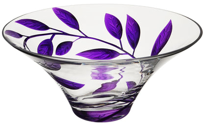 Decorative Glass Bowl Fruit Display - Etched & Hand Painted Purple Leaves - Mouth Blown Glass - Purple - D: 10.2 in (26 cm)