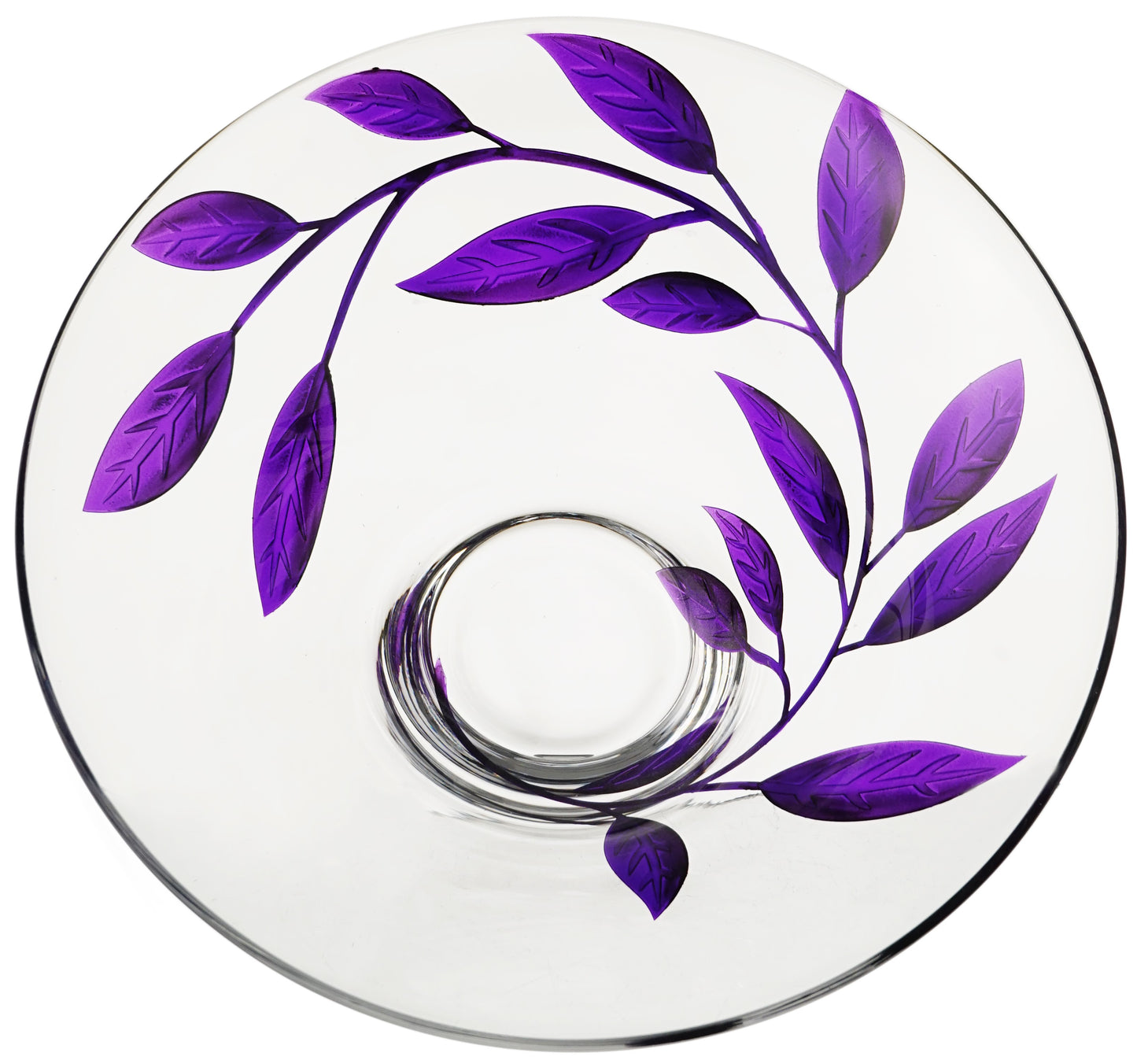 Decorative Glass Bowl Fruit Display - Etched & Hand Painted Purple Leaves - Mouth Blown Glass - Purple - D: 10.2 in (26 cm)