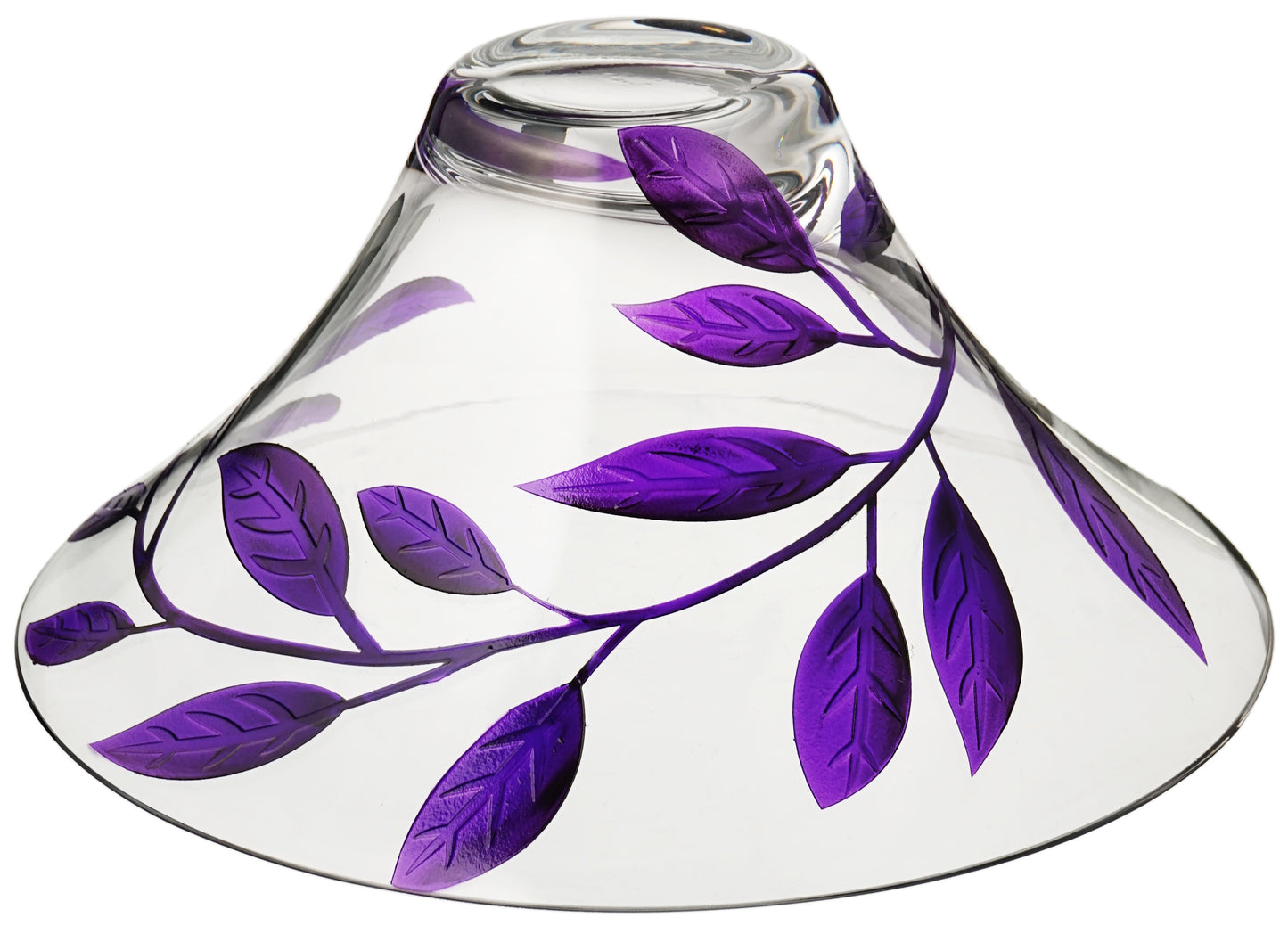 Decorative Glass Bowl Fruit Display - Etched & Hand Painted Purple Leaves - Mouth Blown Glass - Purple - D: 10.2 in (26 cm)