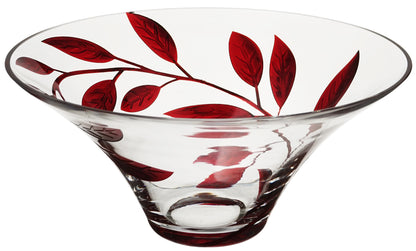 Decorative Glass Bowl Fruit Display - Etched & Hand Painted Ruby Leaves - Mouth Blown Glass - Red - D: 10.2 in (26 cm)