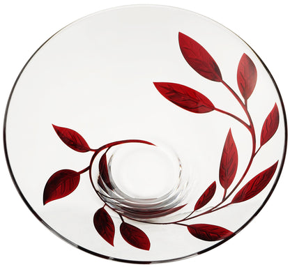 Decorative Glass Bowl Fruit Display - Etched & Hand Painted Ruby Leaves - Mouth Blown Glass - Red - D: 10.2 in (26 cm)
