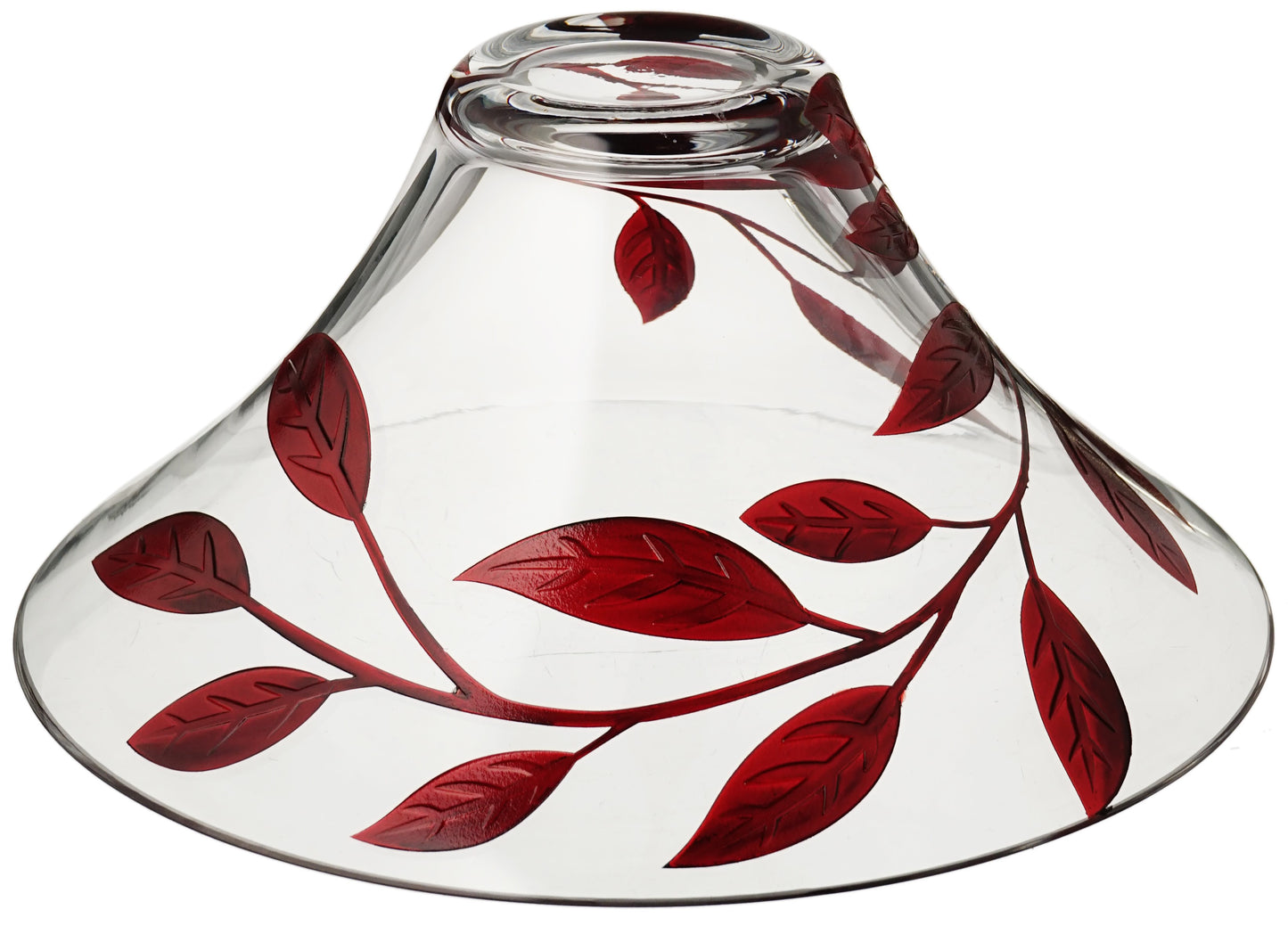 Decorative Glass Bowl Fruit Display - Etched & Hand Painted Ruby Leaves - Mouth Blown Glass - Red - D: 10.2 in (26 cm)