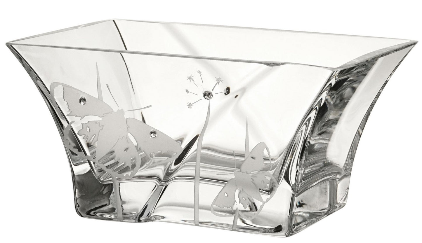 Small Hand-Blown Glass Bowl – Swarovski Crystals and Etched Butterflies – Clear Candy Dish/Fruit Bowl – Elegant Decor – 7 in (18 cm)