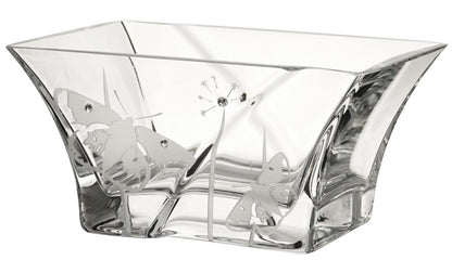 Small Hand-Blown Glass Bowl – Swarovski Crystals and Etched Butterflies – Clear Candy Dish/Fruit Bowl – Elegant Decor – 7 in (18 cm)