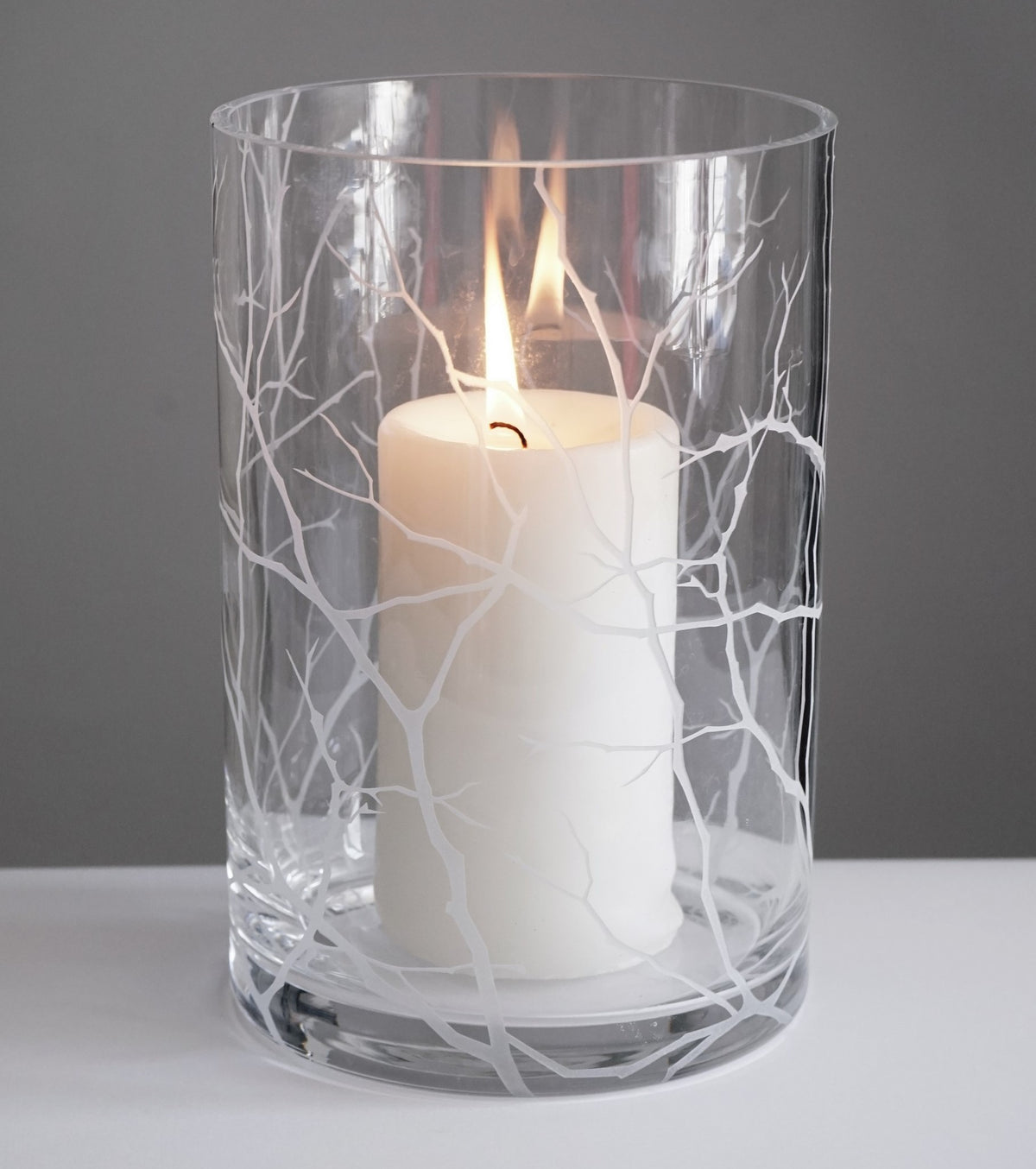Mouth Blown Hurricane Candleholder with Etched Tree Branches - Elegant Home Decor - 8.7 in (22 cm)