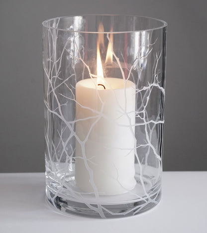 Mouth Blown Hurricane Candleholder with Etched Tree Branches - Elegant Home Decor - 8.7 in (22 cm)