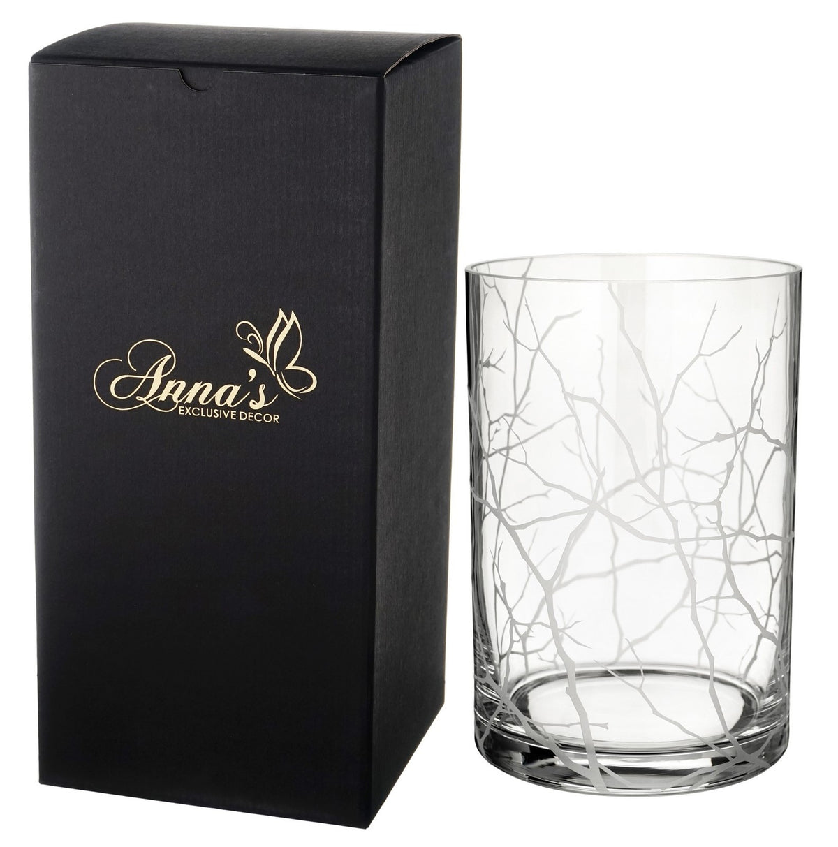 Mouth Blown Hurricane Candleholder with Etched Tree Branches - Elegant Home Decor - 8.7 in (22 cm)