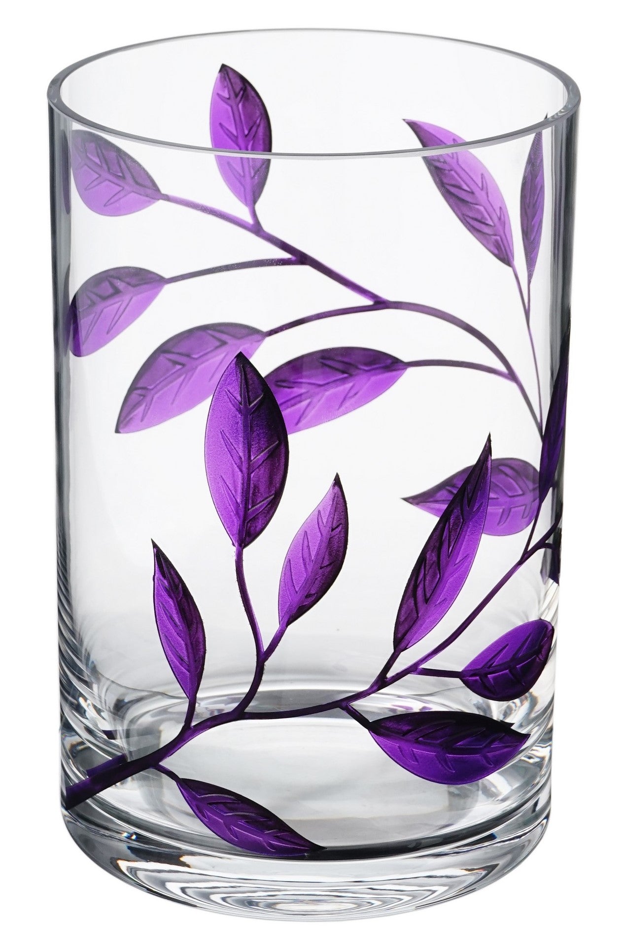 Mouth-Blown Hurricane Candleholder – Purple Etched Leaves – Elegant Wedding/Home Decor – Thick Glass – Decorative 8.7 in (22 cm)