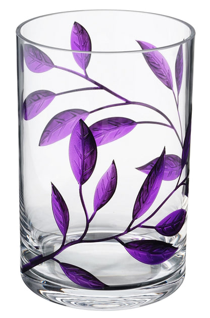 Mouth-Blown Hurricane Candleholder – Purple Etched Leaves – Elegant Wedding/Home Decor – Thick Glass – Decorative 8.7 in (22 cm)