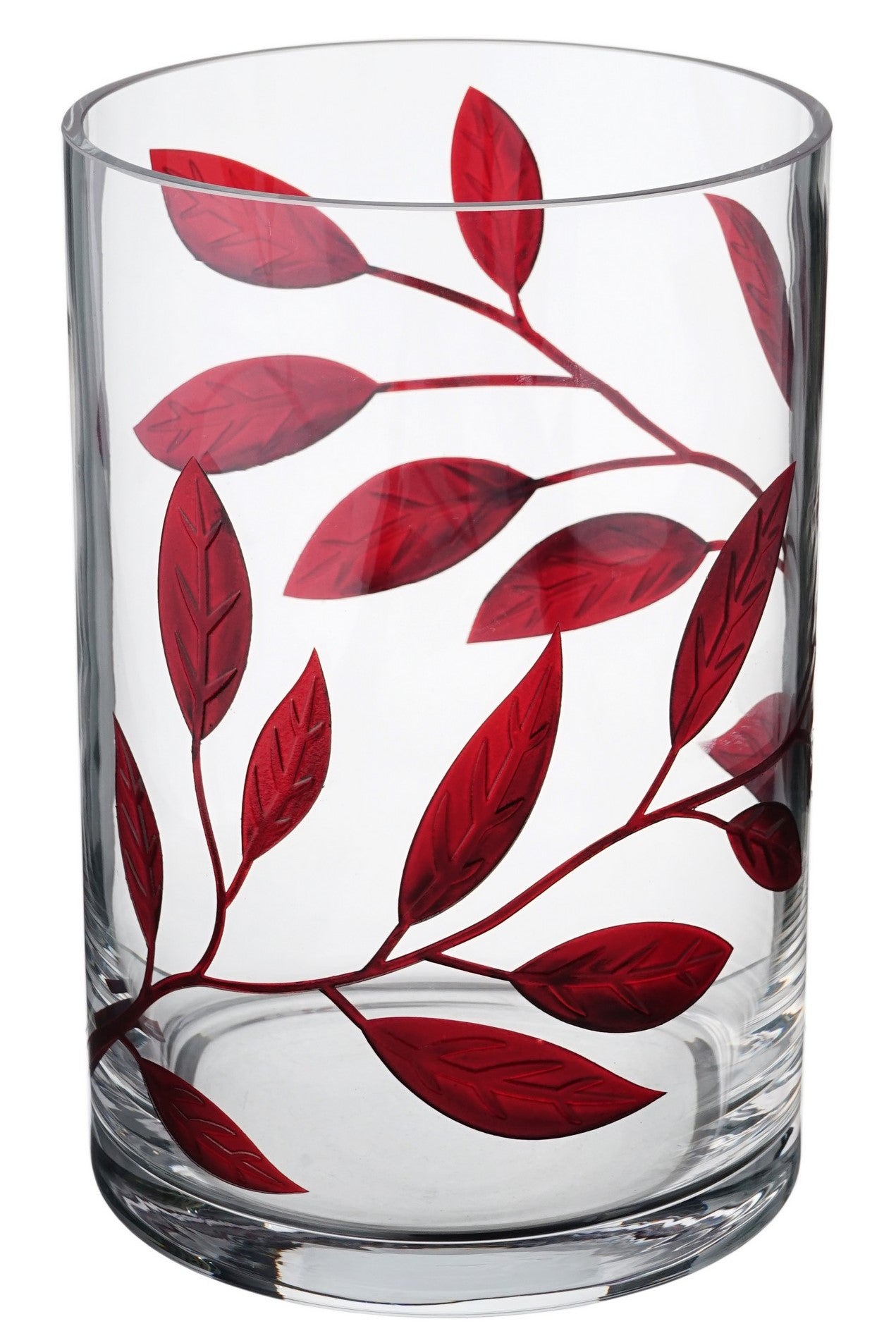 Decorative Hurricane Candleholder with Etched & Painted Leaves - Elegant Home Wedding Decor - Mouth Blown Thick Glass - 8.7 in (22 cm) (Red)