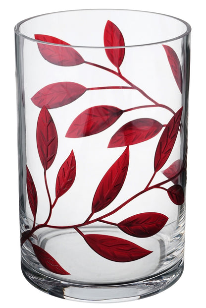 Decorative Hurricane Candleholder with Etched & Painted Leaves - Elegant Home Wedding Decor - Mouth Blown Thick Glass - 8.7 in (22 cm) (Red)