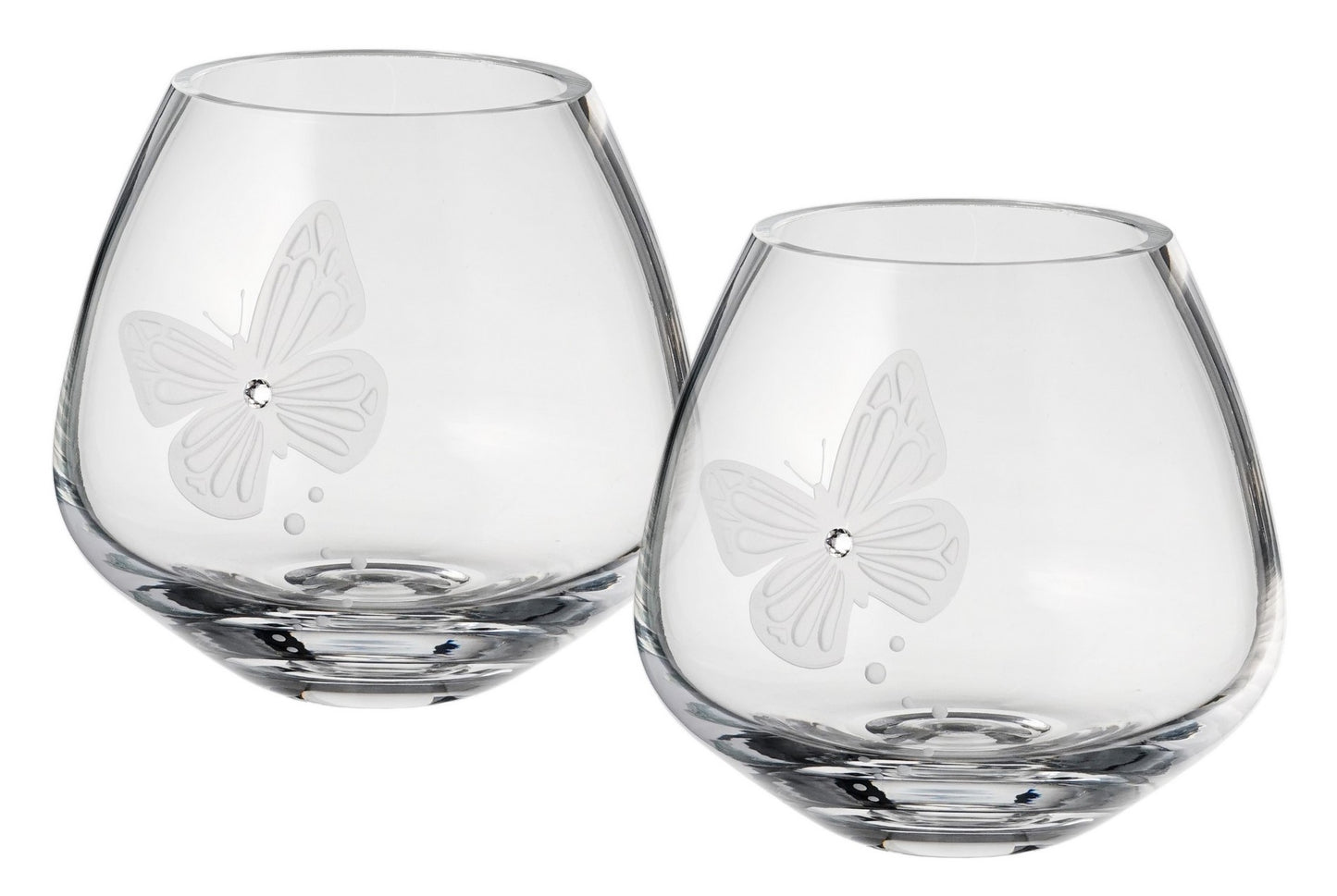 Butterfly Tea Light Holders - Set of 2 - Swarovski Crystal & Etched Butterfly - Hand Blown Glass Candleholders Set - Luxury Gift Box - 4 in (10 cm)