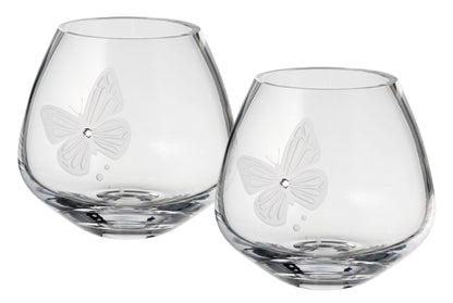Butterfly Tea Light Holders - Set of 2 - Swarovski Crystal & Etched Butterfly - Hand Blown Glass Candleholders Set - Luxury Gift Box - 4 in (10 cm)