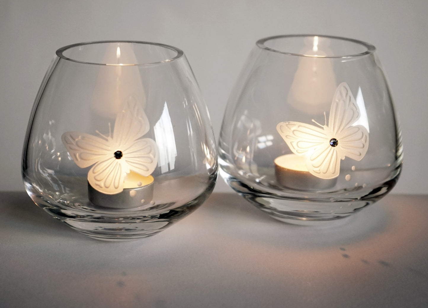 Butterfly Tea Light Holders - Set of 2 - Swarovski Crystal & Etched Butterfly - Hand Blown Glass Candleholders Set - Luxury Gift Box - 4 in (10 cm)