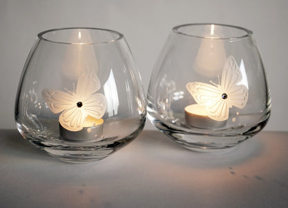 Butterfly Tea Light Holders - Set of 2 - Swarovski Crystal & Etched Butterfly - Hand Blown Glass Candleholders Set - Luxury Gift Box - 4 in (10 cm)