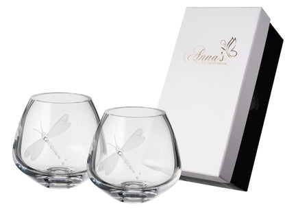 Hand-Blown Dragonfly Tea Light Holders Set of 2 – Swarovski Crystals & Etched Design – Luxury Candleholders Gift Boxed – 4 in (10 cm)