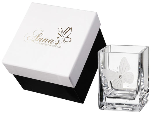 Butterfly Tea Light Holder with Crystal & Etched Butterfly - Mouth Blown Candleholder in Luxury Gift Box - 3.1 in (8 cm)