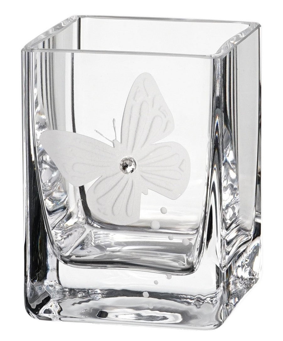 Butterfly Tea Light Holder with Crystal & Etched Butterfly - Mouth Blown Candleholder in Luxury Gift Box - 3.1 in (8 cm)