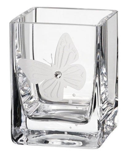 Butterfly Tea Light Holder with Crystal & Etched Butterfly - Mouth Blown Candleholder in Luxury Gift Box - 3.1 in (8 cm)