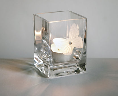 Butterfly Tea Light Holder with Crystal & Etched Butterfly - Mouth Blown Candleholder in Luxury Gift Box - 3.1 in (8 cm)