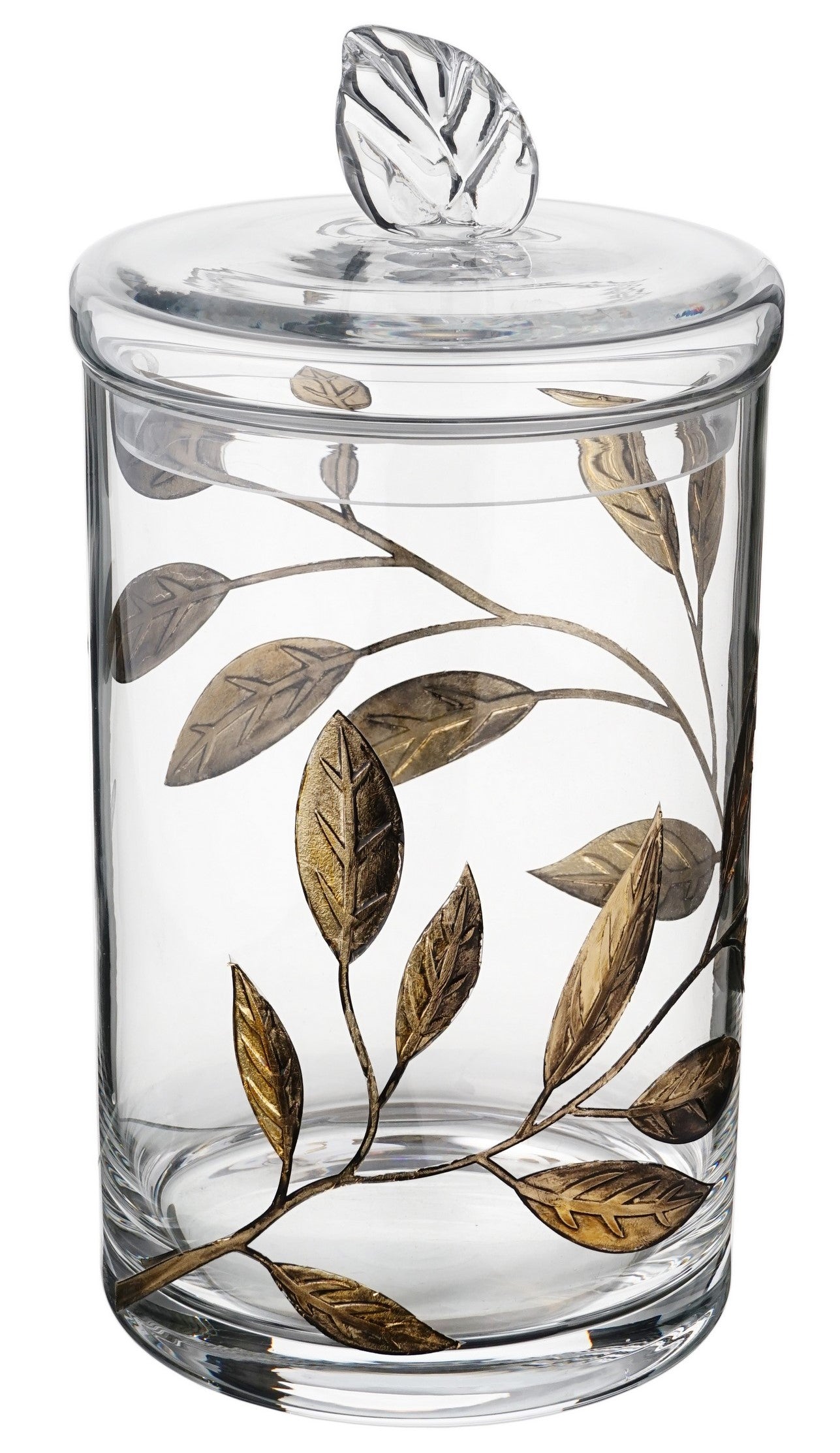 Decorative Glass Storage Container with Lid - Food Candy Display Jar Large - Etched Painted Leaves Decor - 11.4 in (29 cm) (Gold)