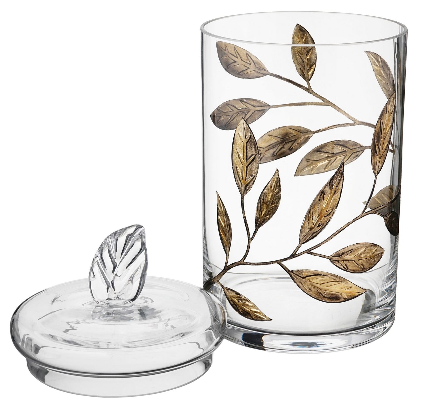 Decorative Glass Storage Container with Lid - Food Candy Display Jar Large - Etched Painted Leaves Decor - 11.4 in (29 cm) (Gold)