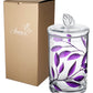 Decorative Glass Storage Container with Lid - Food Candy Display Jar Large - Etched Painted Leaves Decor - 11.4 in (29 cm) (Purple)