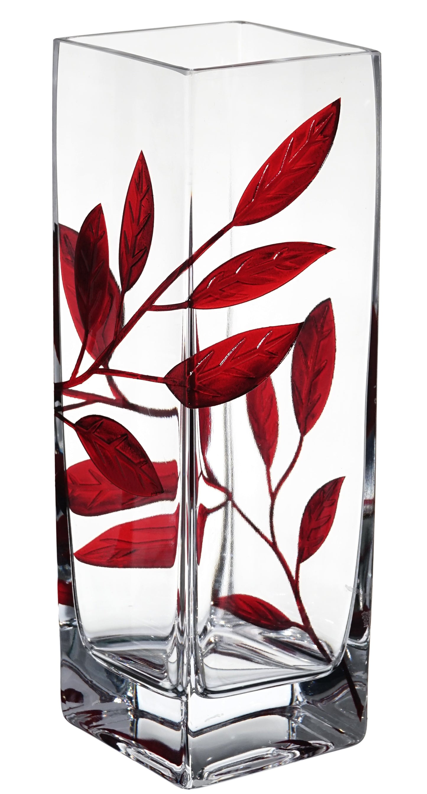 Luxury Hand Blown Glass Vase - Etched & Painted Ruby Leaves - Square Vase Red - 9.8 in (25 cm)