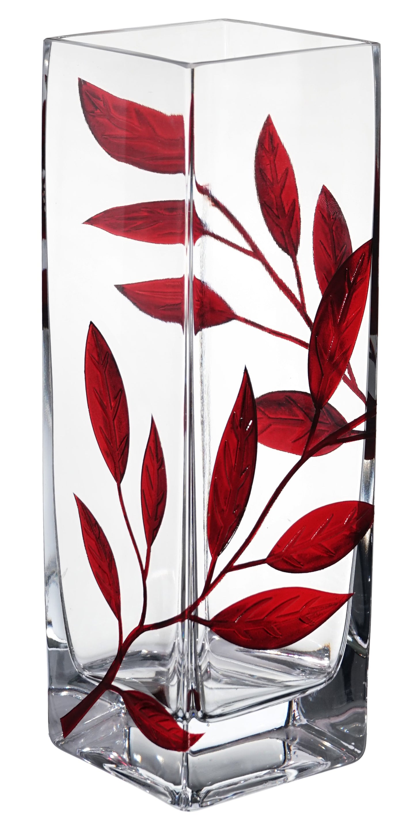 Luxury Hand Blown Glass Vase - Etched & Painted Ruby Leaves - Square Vase Red - 9.8 in (25 cm)
