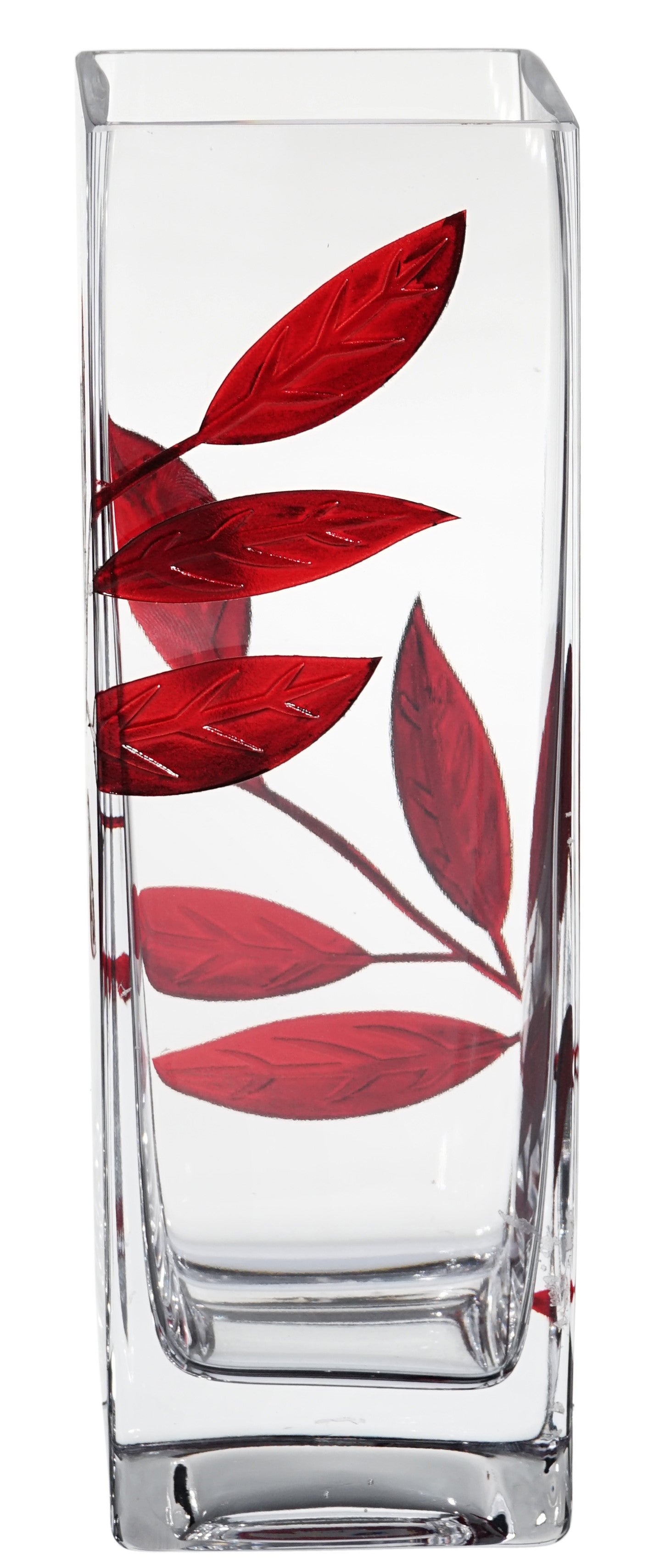 Luxury Hand Blown Glass Vase - Etched & Painted Ruby Leaves - Square Vase Red - 9.8 in (25 cm)