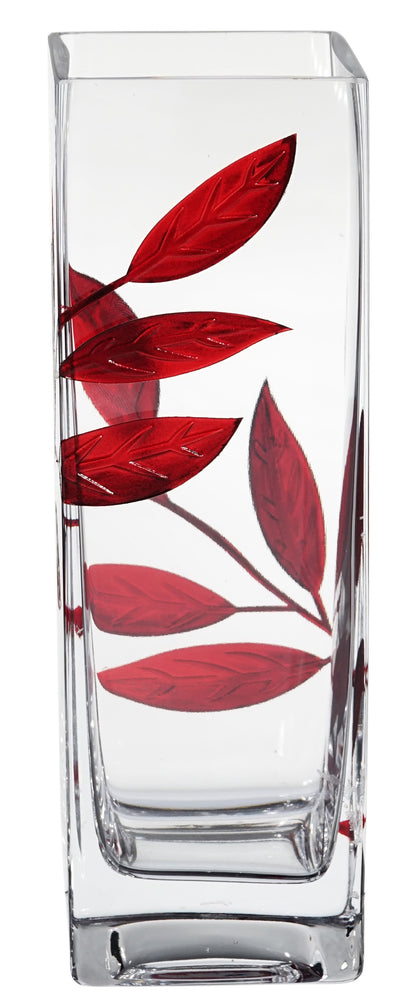 Luxury Hand Blown Glass Vase - Etched & Painted Ruby Leaves - Square Vase Red - 9.8 in (25 cm)
