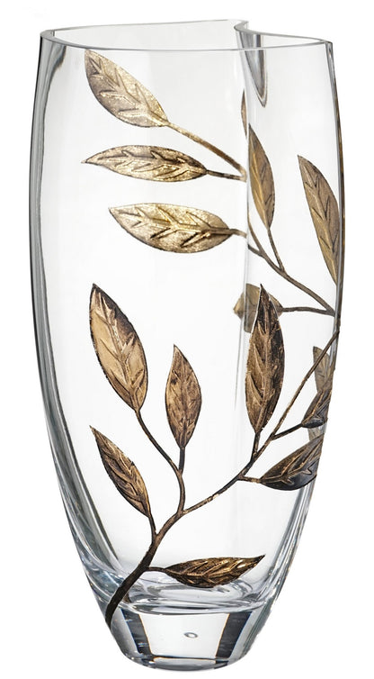 Luxury Hand Blown Glass Vase - Etched & Painted Gold Leaves - Unique Shape Vase Gold - 11.4 in (29 cm)