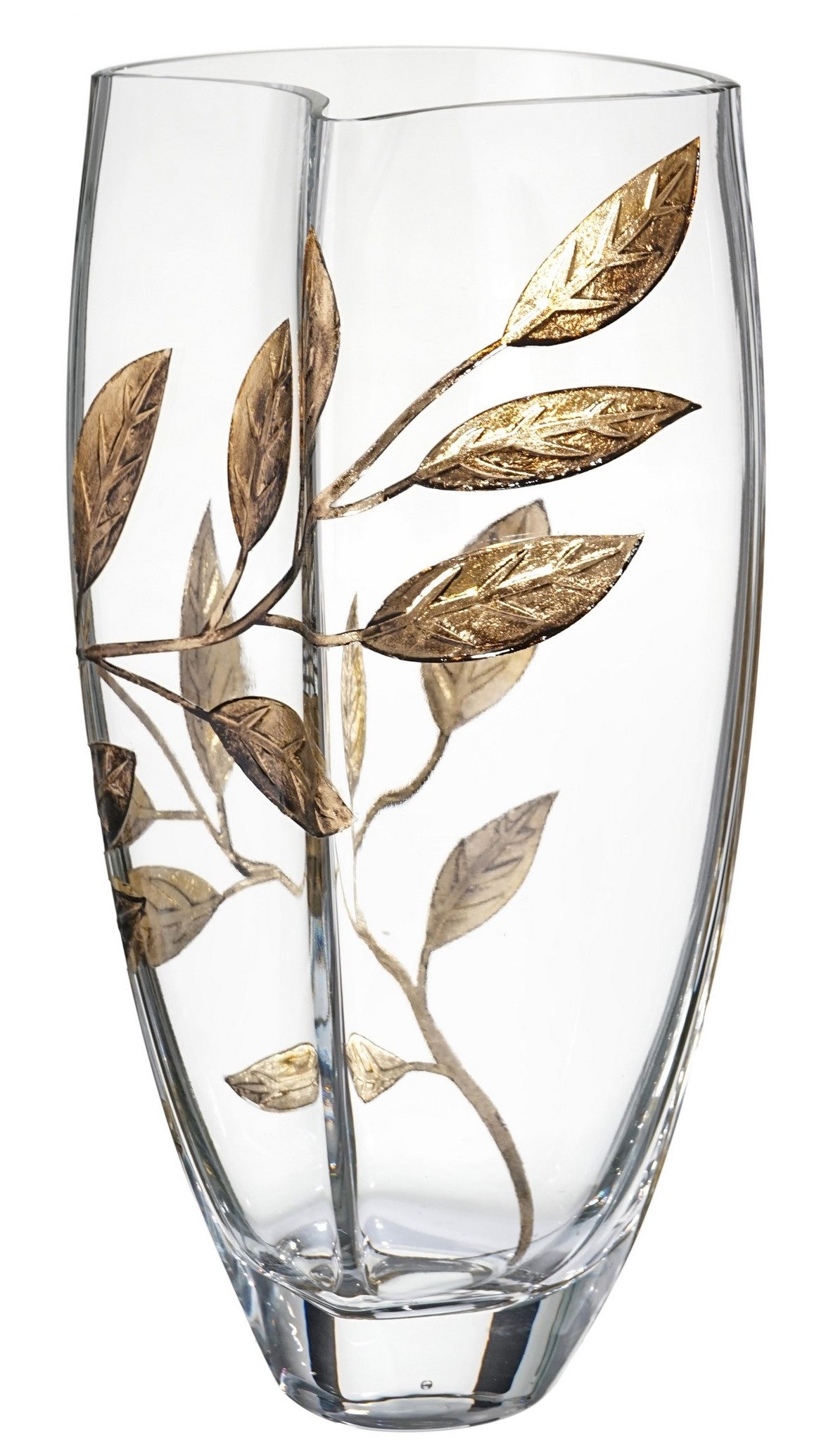 Luxury Hand Blown Glass Vase - Etched & Painted Gold Leaves - Unique Shape Vase Gold - 11.4 in (29 cm)