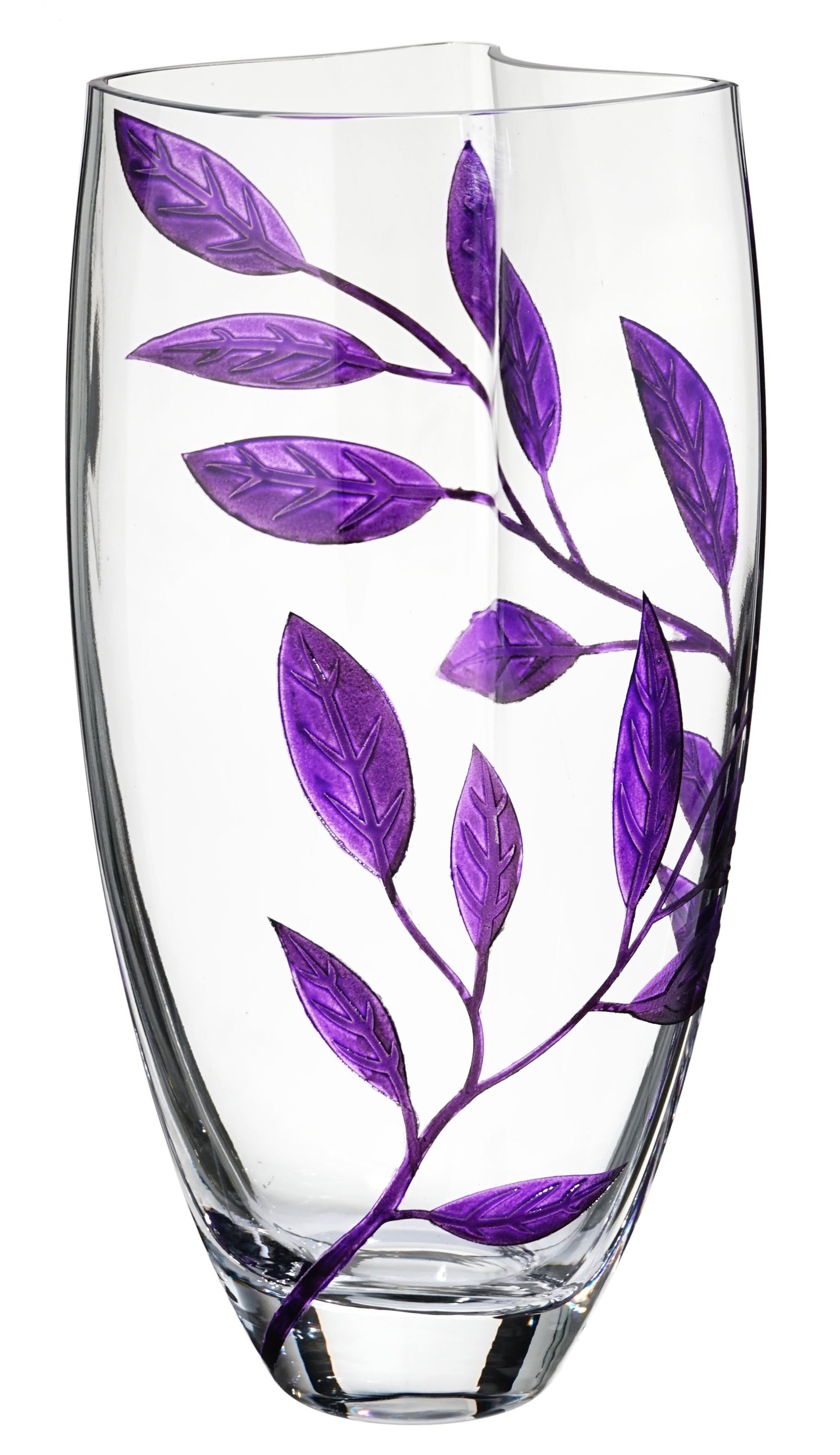 Luxury Hand Blown Glass Vase - Etched & Painted Purple Leaves - Unique Shape Vase Purple - 11.4 in (29 cm)