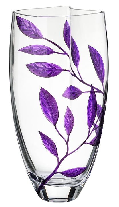 Luxury Hand Blown Glass Vase - Etched & Painted Purple Leaves - Unique Shape Vase Purple - 11.4 in (29 cm)