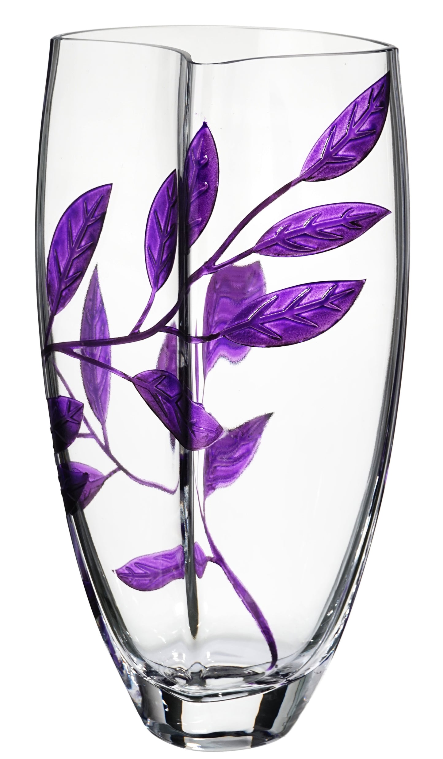 Luxury Hand Blown Glass Vase - Etched & Painted Purple Leaves - Unique Shape Vase Purple - 11.4 in (29 cm)