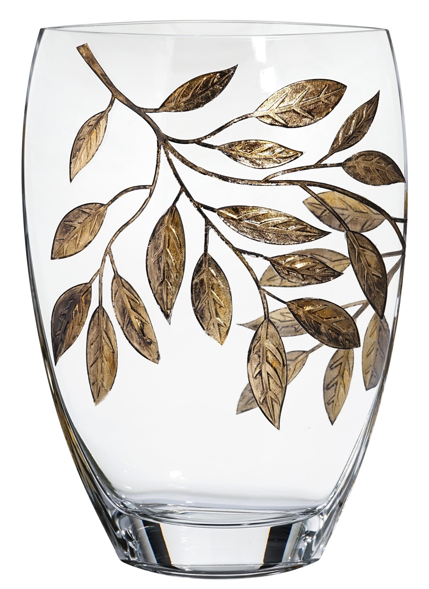 Large Hand Blown Glass Vase 30 cm - Etched & Painted Gold Leaves Decor - Almond Shape Vase Gold - 11.8 in