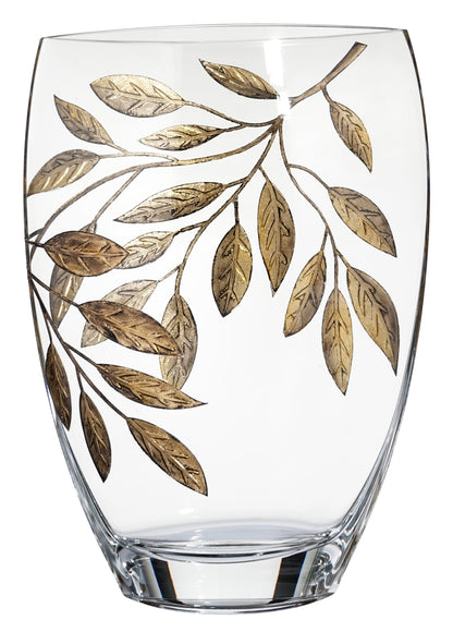 Large Hand Blown Glass Vase 30 cm - Etched & Painted Gold Leaves Decor - Almond Shape Vase Gold - 11.8 in
