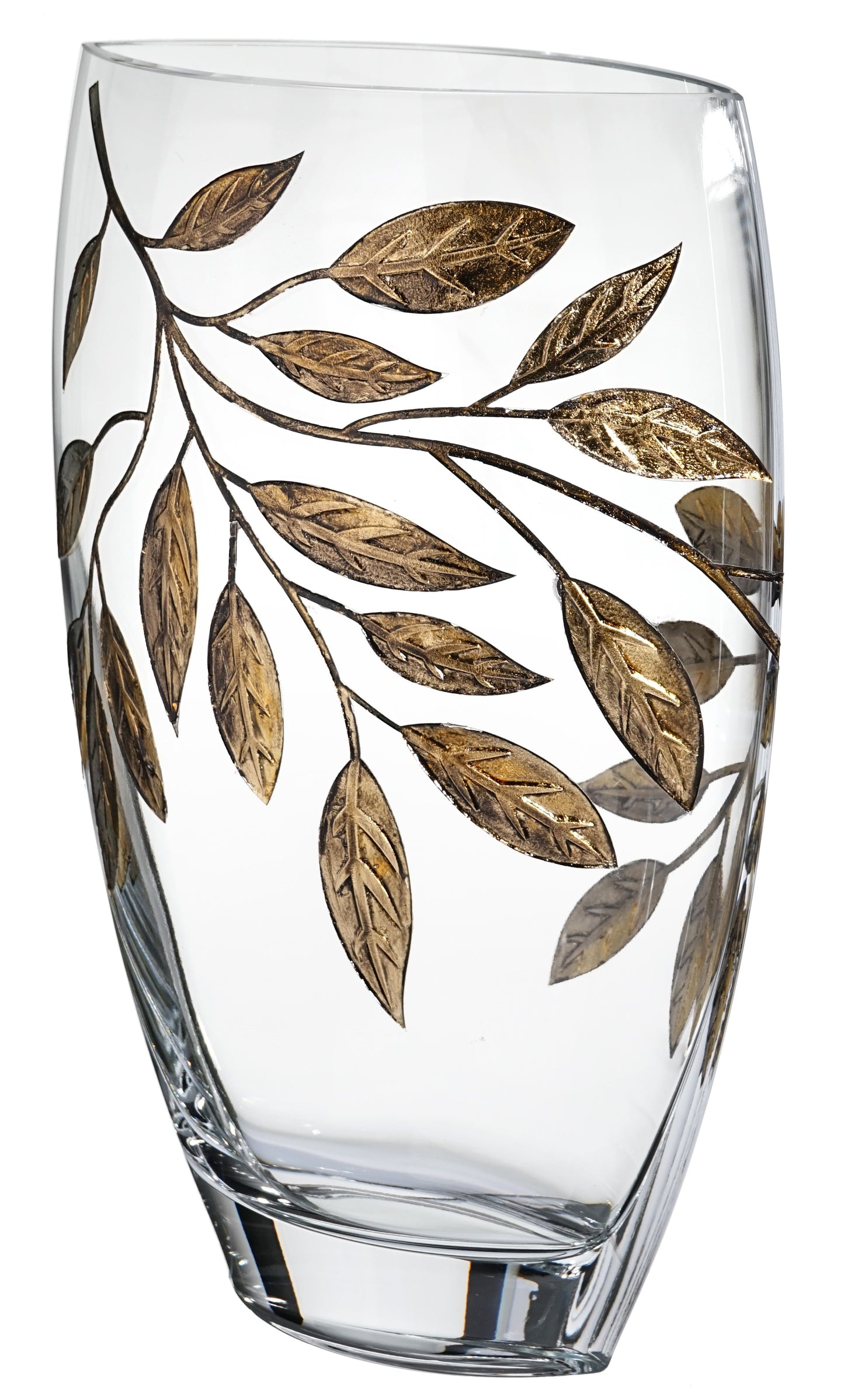 Large Hand Blown Glass Vase 30 cm - Etched & Painted Gold Leaves Decor - Almond Shape Vase Gold - 11.8 in