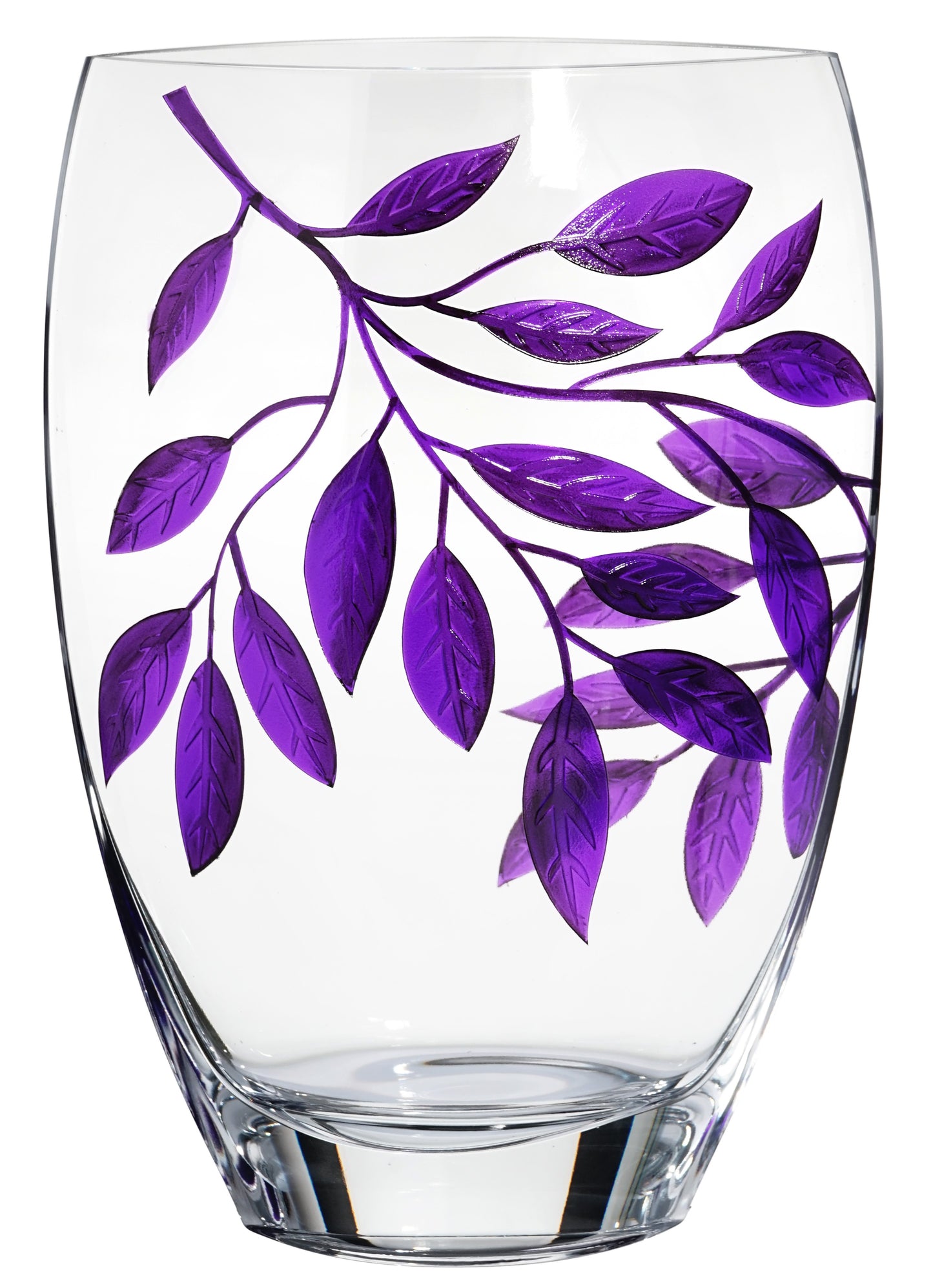 Large Hand Blown Glass Vase 30 cm - Etched & Painted Purple Leaves Décor - Almond Shape Vase Purple - 11.8 in