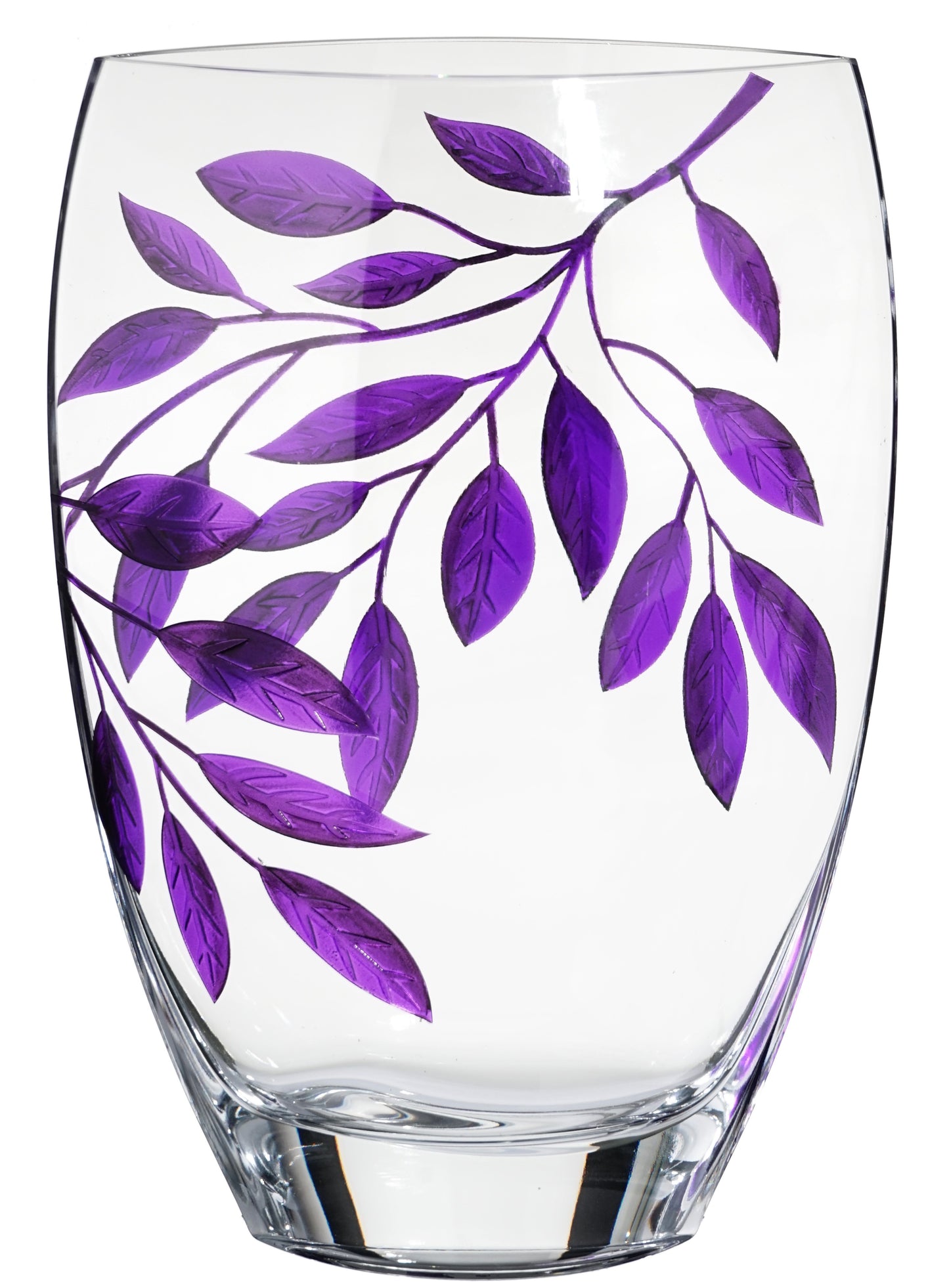 Large Hand Blown Glass Vase 30 cm - Etched & Painted Purple Leaves Décor - Almond Shape Vase Purple - 11.8 in
