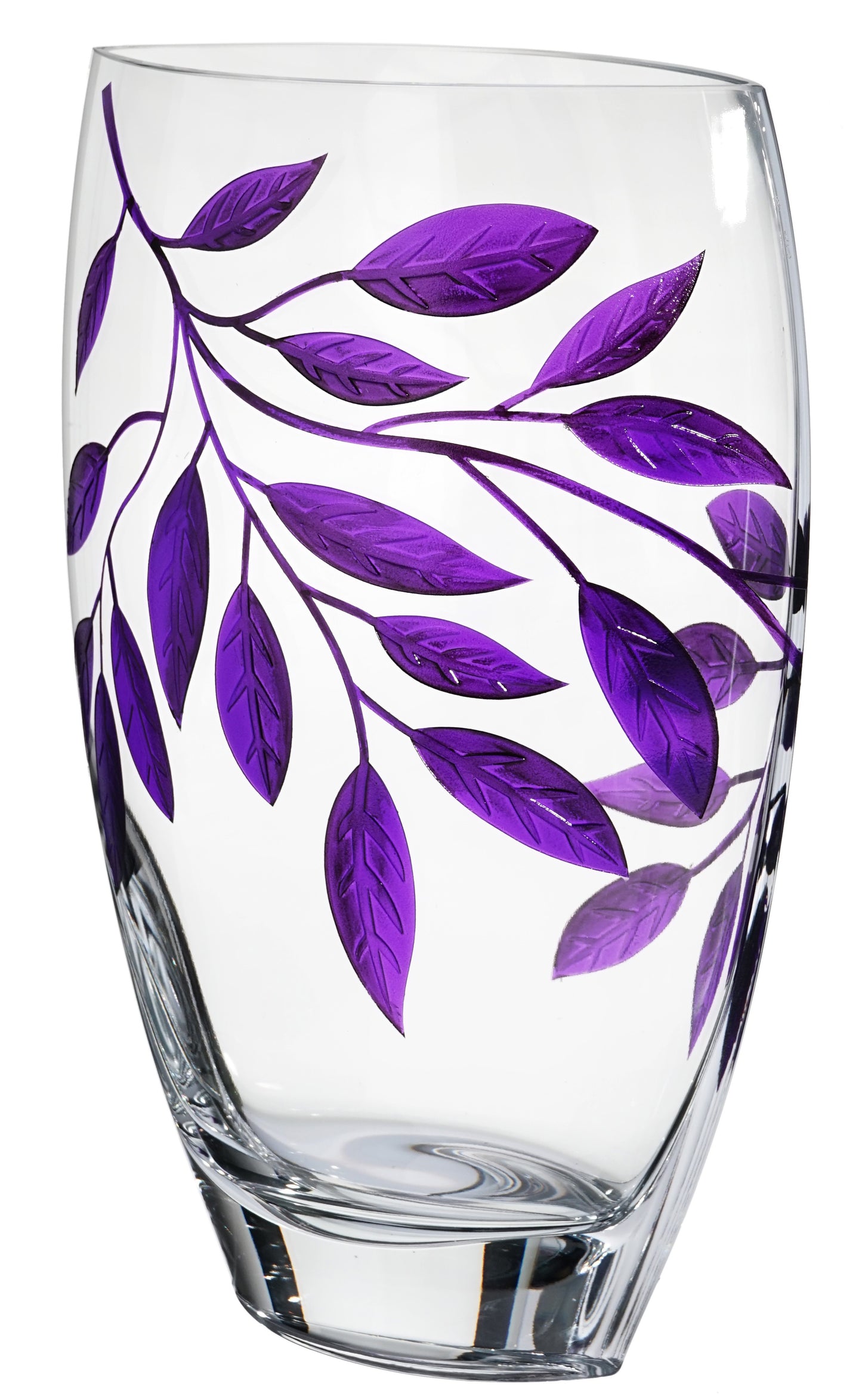 Large Hand Blown Glass Vase 30 cm - Etched & Painted Purple Leaves Décor - Almond Shape Vase Purple - 11.8 in