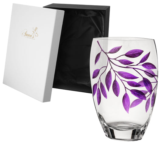 Large Hand Blown Glass Vase 30 cm - Etched & Painted Purple Leaves Décor - Almond Shape Vase Purple - 11.8 in