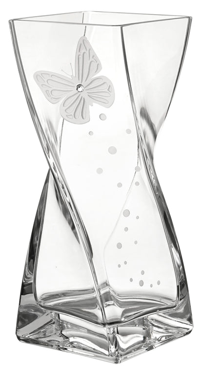 Butterfly Vase - Luxury Hand Blown Glass Vase - Crystal from Swarovski & Etched Butterfly, Clear Glass - 7.9 in (20 cm)