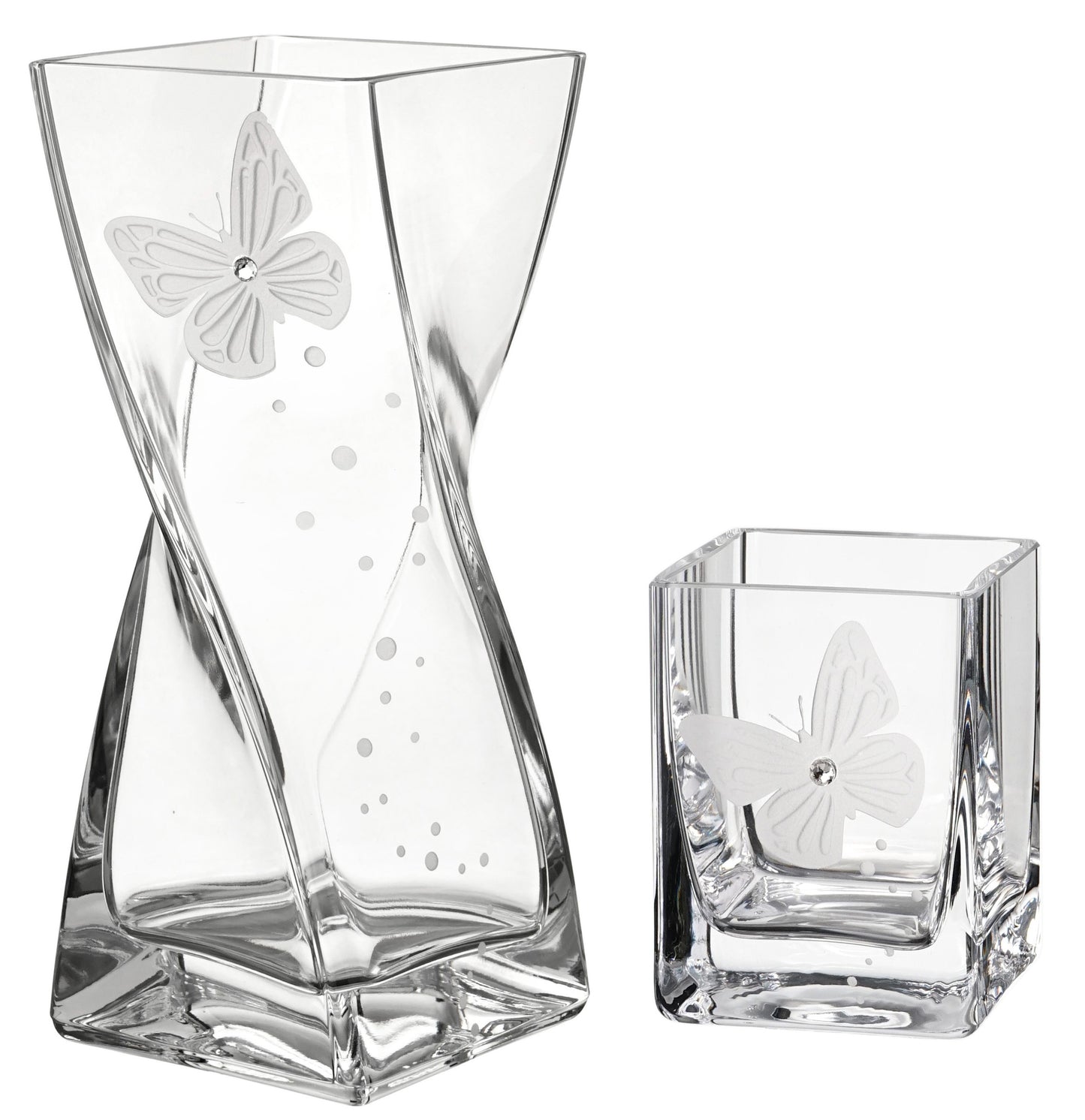 Butterfly Vase - Luxury Hand Blown Glass Vase - Crystal from Swarovski & Etched Butterfly, Clear Glass - 7.9 in (20 cm)
