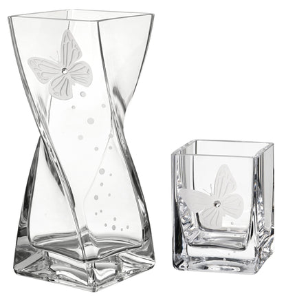Butterfly Vase - Luxury Hand Blown Glass Vase - Crystal from Swarovski & Etched Butterfly, Clear Glass - 7.9 in (20 cm)