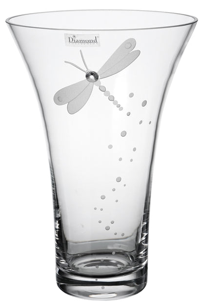 Dragonfly Vase - Hand Blown Glass Vase - Crystal from Swarovski & Etched Dragonfly, Clear Glass - 9.4 in (24 cm)