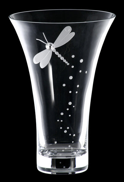Dragonfly Vase - Hand Blown Glass Vase - Crystal from Swarovski & Etched Dragonfly, Clear Glass - 9.4 in (24 cm)