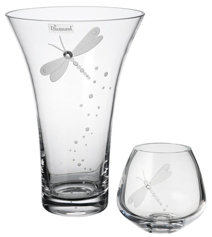 Dragonfly Vase - Hand Blown Glass Vase - Crystal from Swarovski & Etched Dragonfly, Clear Glass - 9.4 in (24 cm)